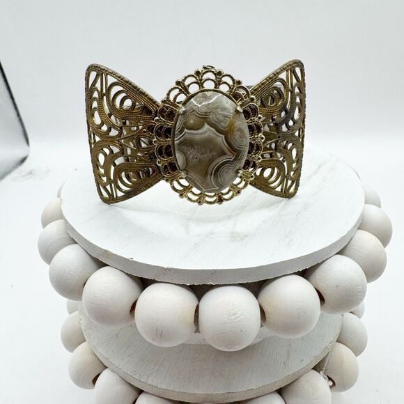 Filigree Bow Cuff Bracelet With Agate Geode Cabachon Center Bohemian Boho - Picture 4 of 10